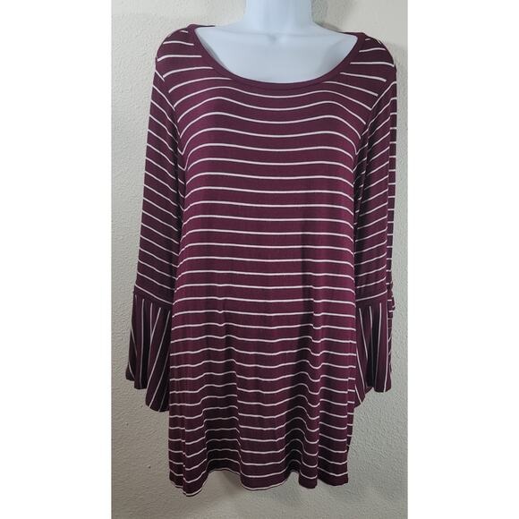 Westport Burgundy White Striped Bell Sleeves Top 2X Plus Lightweight Flowy Soft - Picture 1 of 6